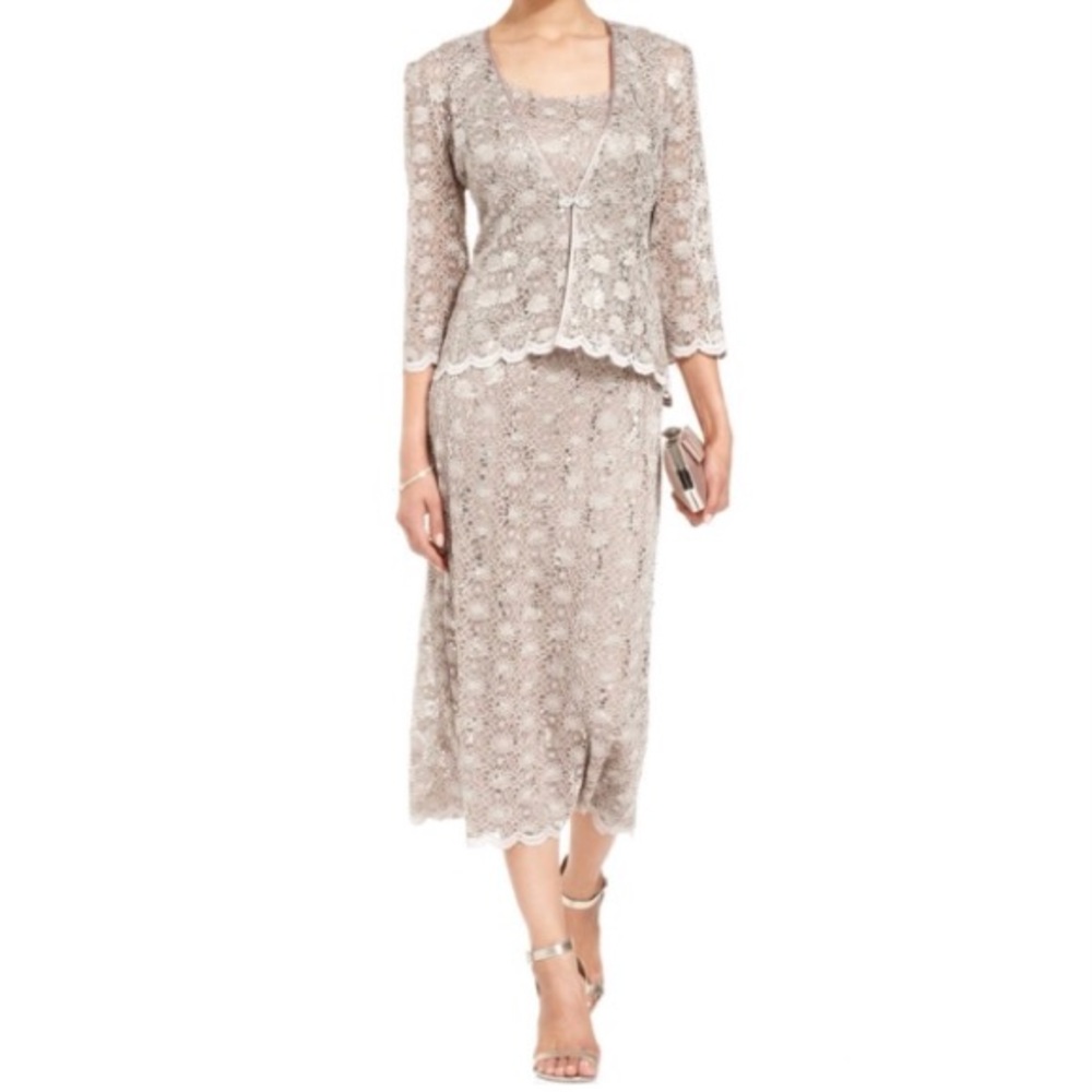 R&M Richards Sequin Lace Sheath Dress Jacket Mocha Gold 10